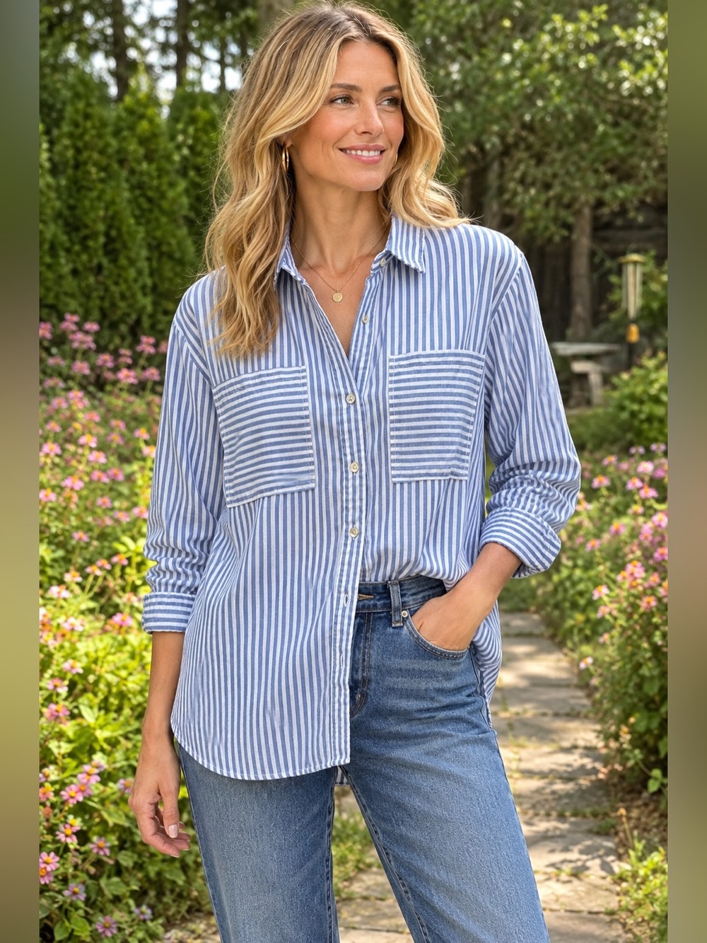 Blue and White Striped Oversize Button Down Shirt Dawn Daisy Boutique